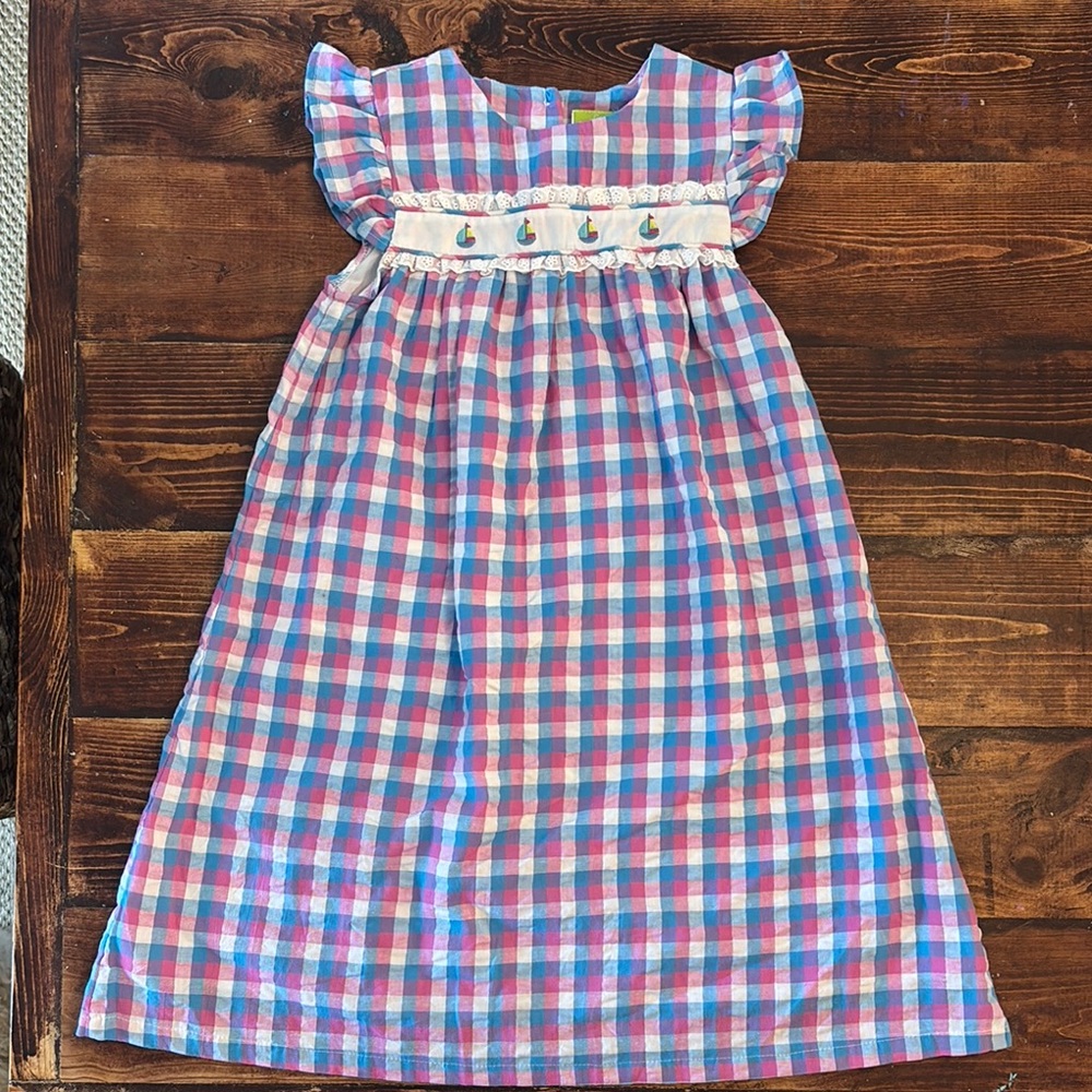 Colorful Plaid Dress with sailboat Embroidery